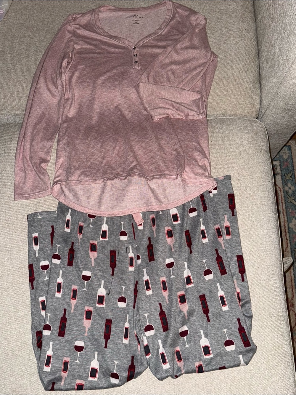 New Directions Pink Top with Gray Wine Bottle Print Pajama Set